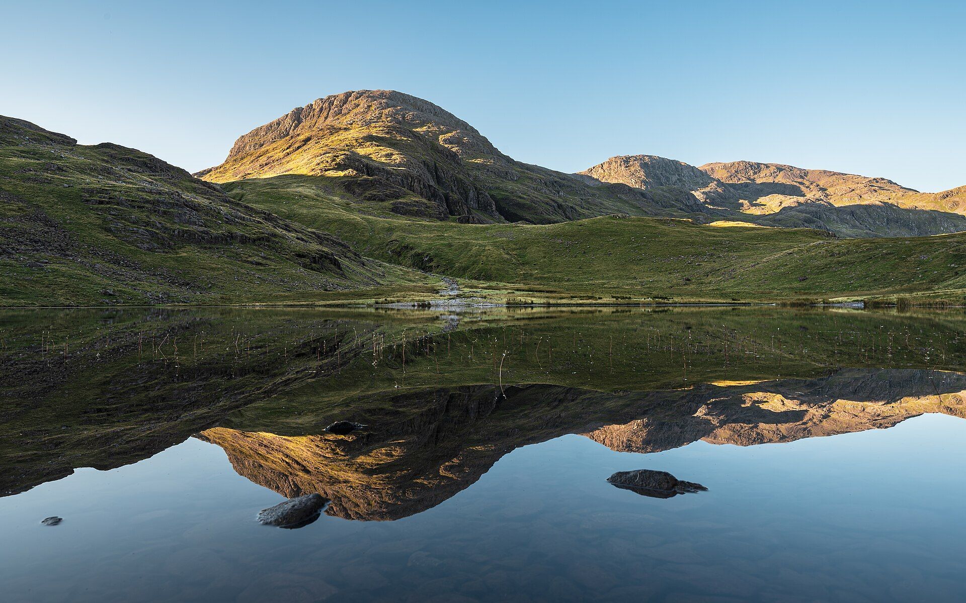 A still tarn reflecting the fells