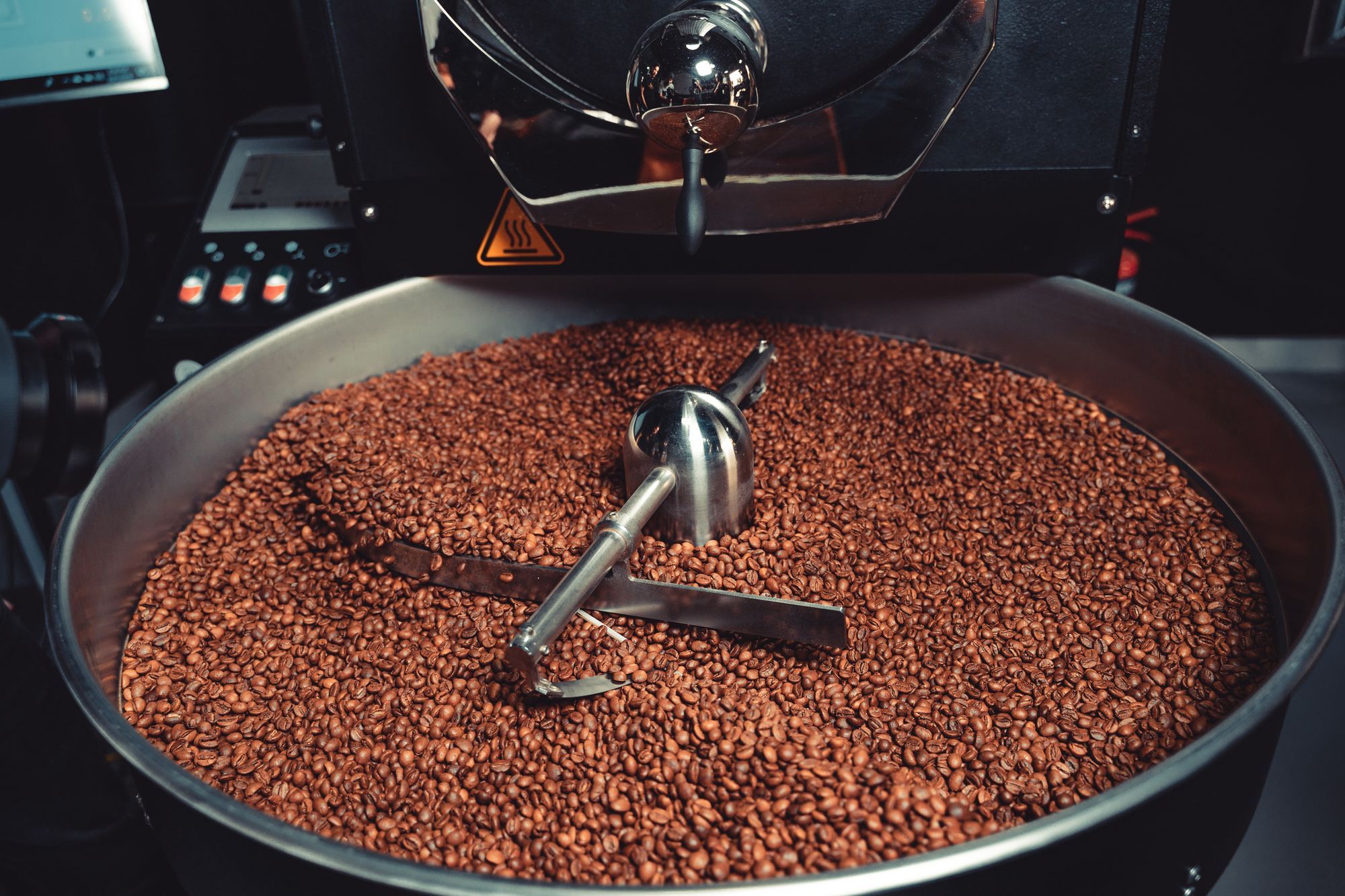 The drum roaster mid-batch
